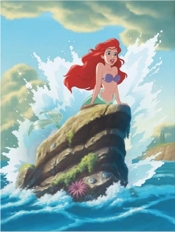 Mermaid on a rock with splashing waves and a vibrant sky background, showcasing magical ocean scenery.
