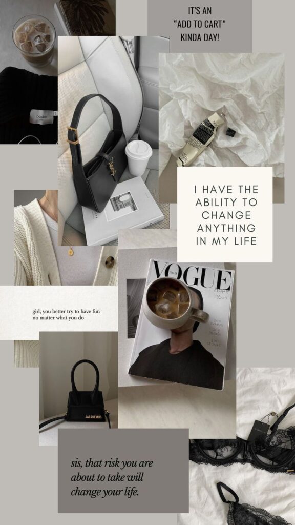 Stylish collage with fashion items, inspirational quotes, coffee, and magazine for a chic lifestyle vibe.