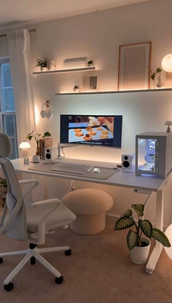 After work relax and watch asmr videos Modern home office setup with white desk, ergonomic chair, monitor, and plants, creating a cozy and functional workspace. | Sky Rye Design Modern home office setup with white desk, ergonomic chair, monitor, and plants, creating a cozy and functional workspace.