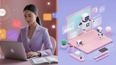 Businesswoman working on laptop; futuristic AI technology concept with robots on pastel desk.