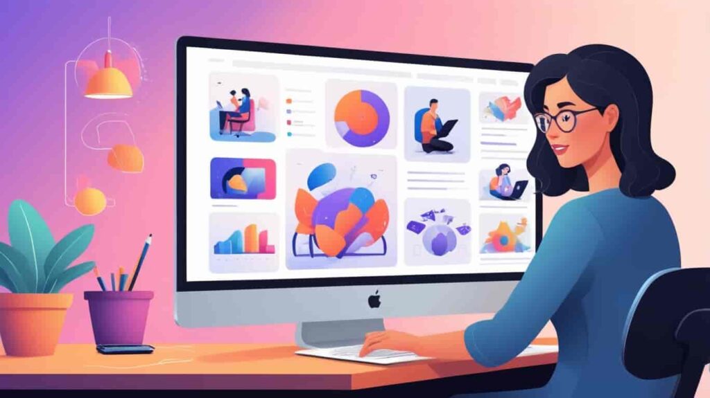 Woman working on computer with colorful data charts on screen. Workspace includes plant and pencil holder.