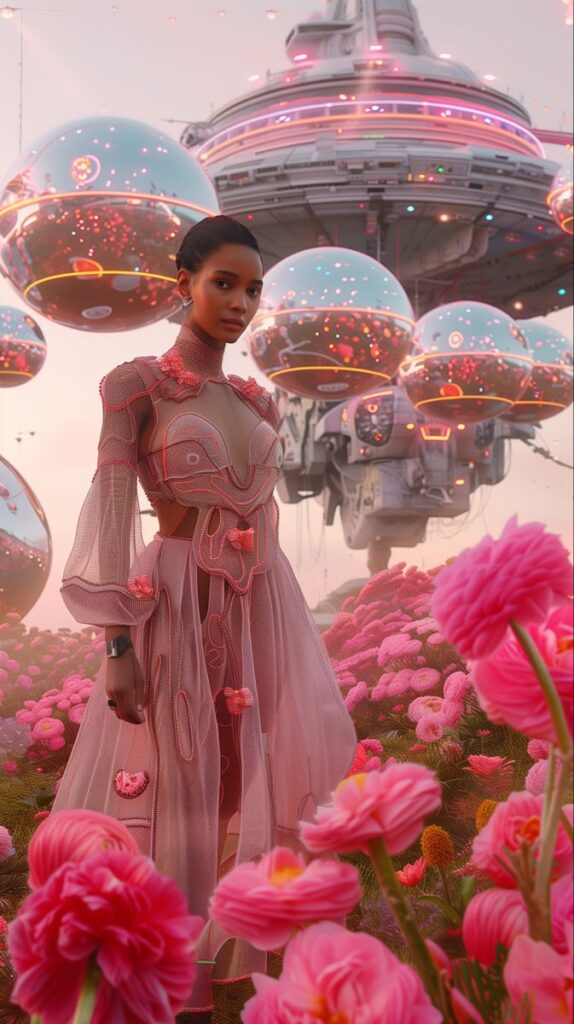 Futuristic scene with person in pink dress amidst floating orbs and vibrant flowers, under a sci-fi structure.