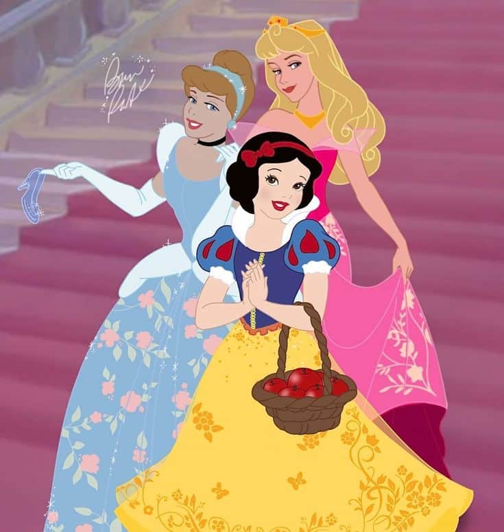 Three animated princesses stand together, each in distinct colorful gowns, holding a slipper and a basket of apples.