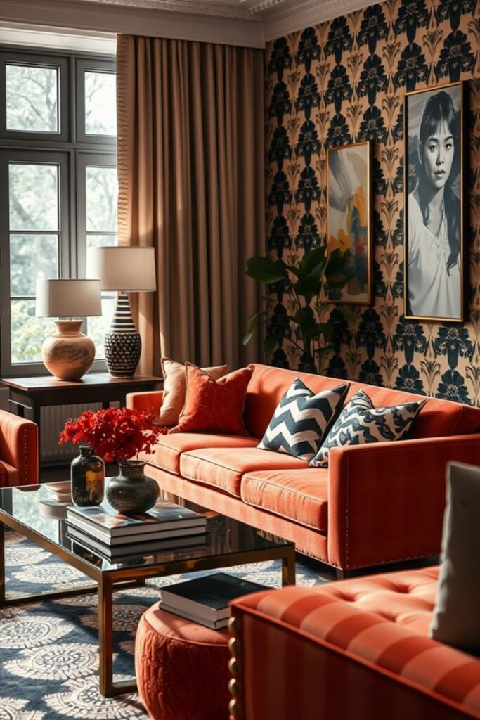 Elegant living room with orange sofa, floral wallpaper, art, and cozy decor. Perfect blend of traditional and modern style.