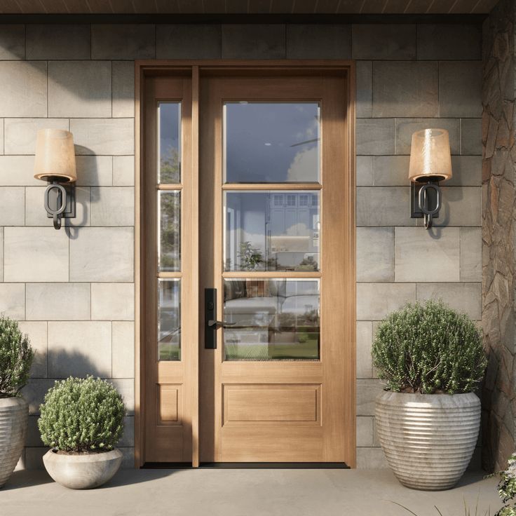 Andalucia 1W3H Entry Door with Left Side Single Sidelight Modern home entrance with wooden double doors, flanked by potted plants and wall sconces on stone exterior. | Sky Rye Design Modern home entrance with wooden double doors, flanked by potted plants and wall sconces on stone exterior.