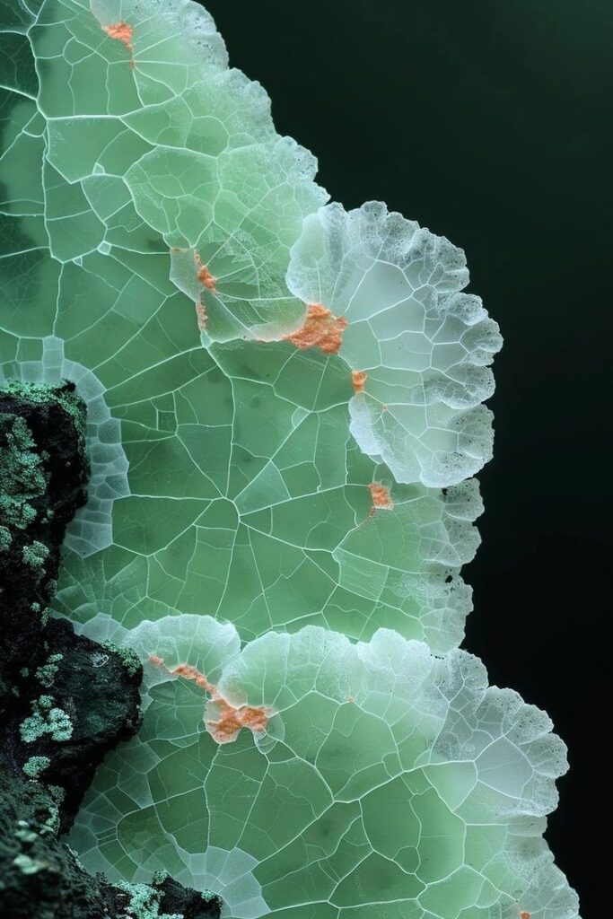 Close-up of delicate green and white crystalline structure with orange accents against a dark background.