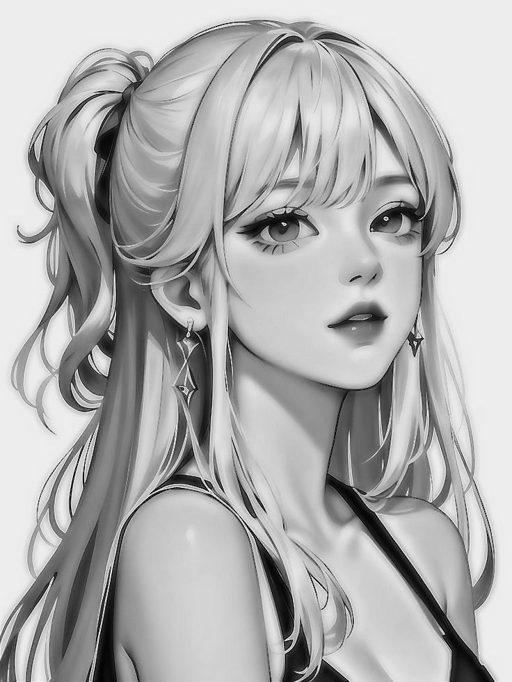 Anime-style illustration of a woman with long hair and earrings, gazing softly. Black and white artwork.
