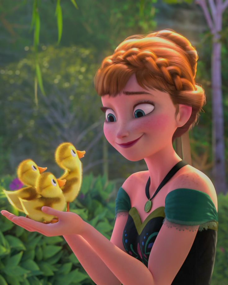 Animated girl holding fluffy ducklings in a lush green garden setting, smiling affectionately.