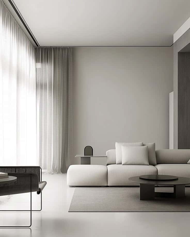 Modern minimalist living room with neutral tones, cozy sofa, and soft natural light from large window.