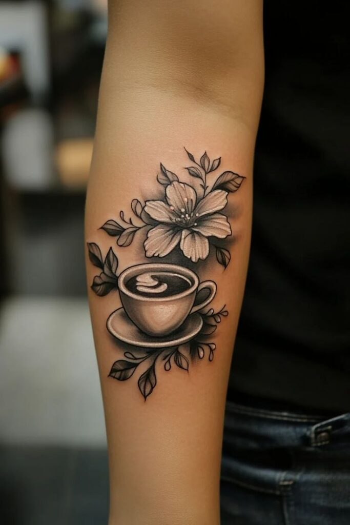 Tattoo of a coffee cup and flower on forearm, blending coffee art with floral design.