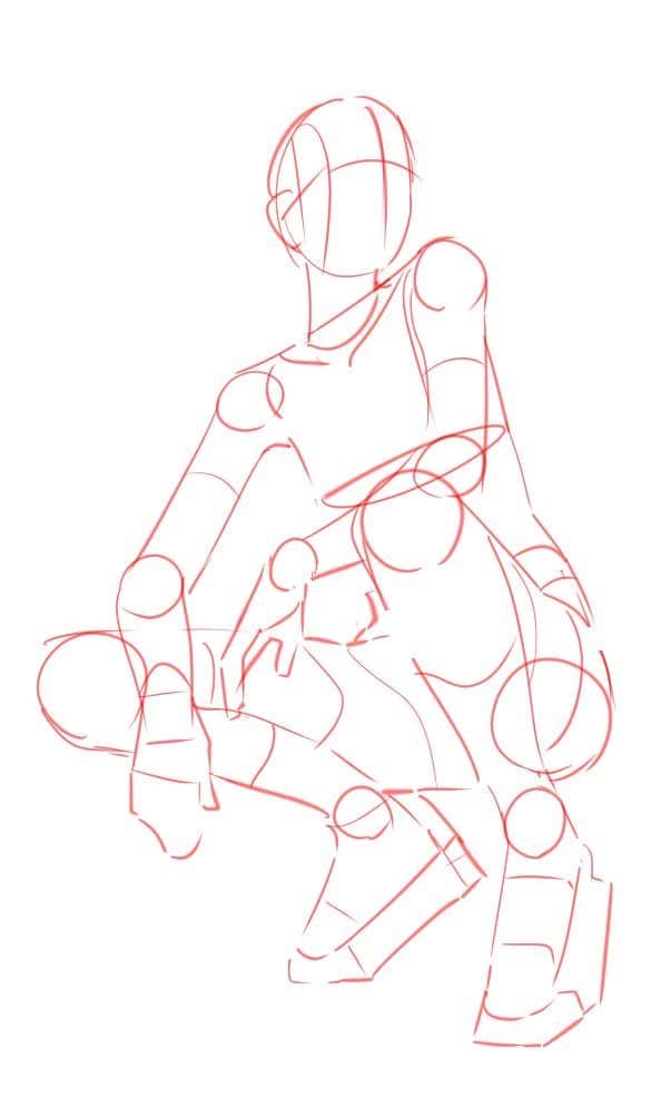 Dynamic sketch of a figure in a seated pose, highlighting limb proportions and posing for art practice. Art Bases