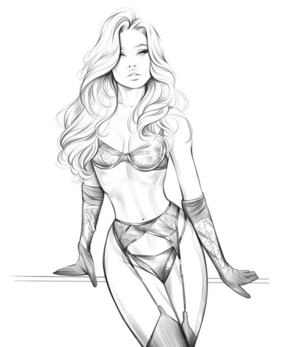 Stylish woman in lingerie, leaning on a railing. Black and white sketch with flowing hair and confident pose.