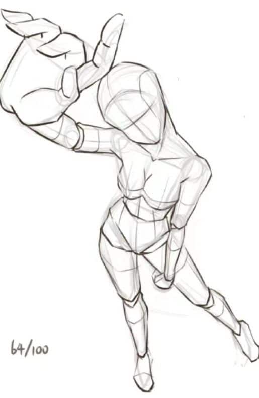 Dynamic perspective sketch of a humanoid figure reaching forward, emphasizing anatomy and movement in art.