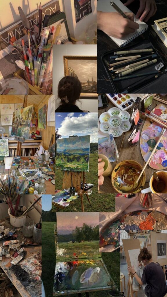 A collage of art supplies, sketches, paintings, and artists at work in studio and outdoor settings.