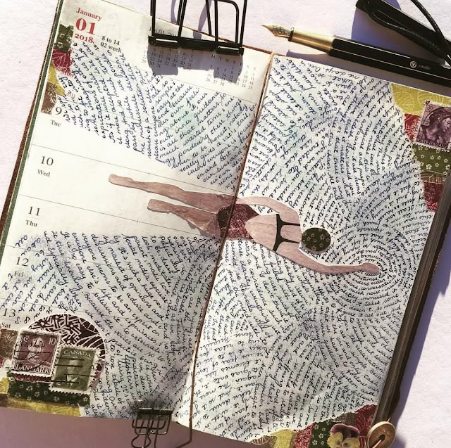 Diary open to January 2018, featuring artistic swimmer collage with handwritten text spiraling across the pages.
