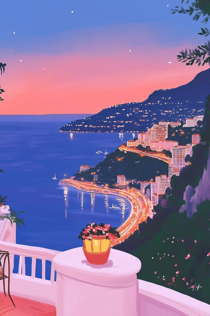 Illustrated coastal city view at sunset with vibrant skies, curved road, and sea, seen from a balcony with flowers.