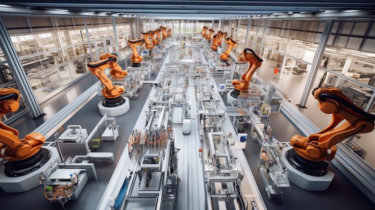 Robotic arms working efficiently in a high-tech automated factory assembly line, showcasing advanced manufacturing.