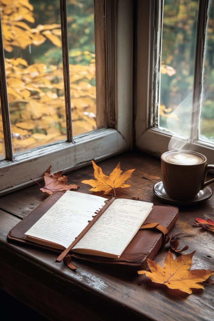 Open notebook with autumn leaves and coffee on a wooden windowsill, creating a cozy, warm atmosphere.