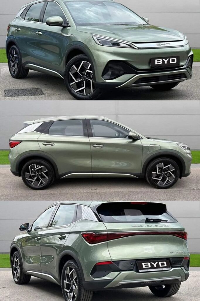 Green BYD electric SUV showcased in three angles, highlighting sleek design and modern features.