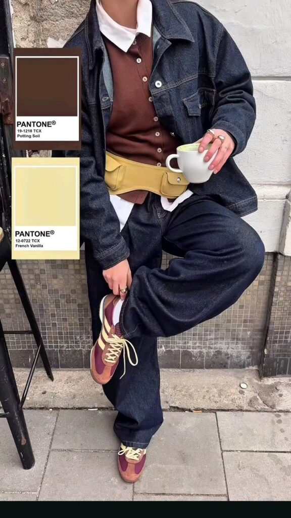 Person in layered outfit with yellow belt bag holding cup, showcasing Pantone shades Potting Soil and French Vanilla.