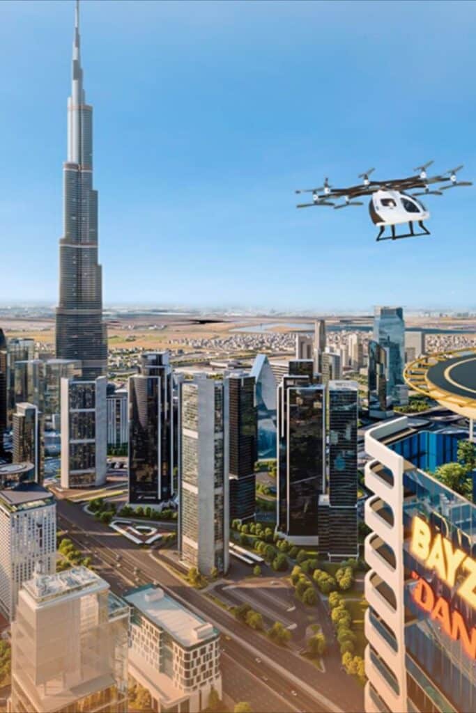 Futuristic cityscape with flying drone taxi near a tall skyscraper, clear blue sky background.