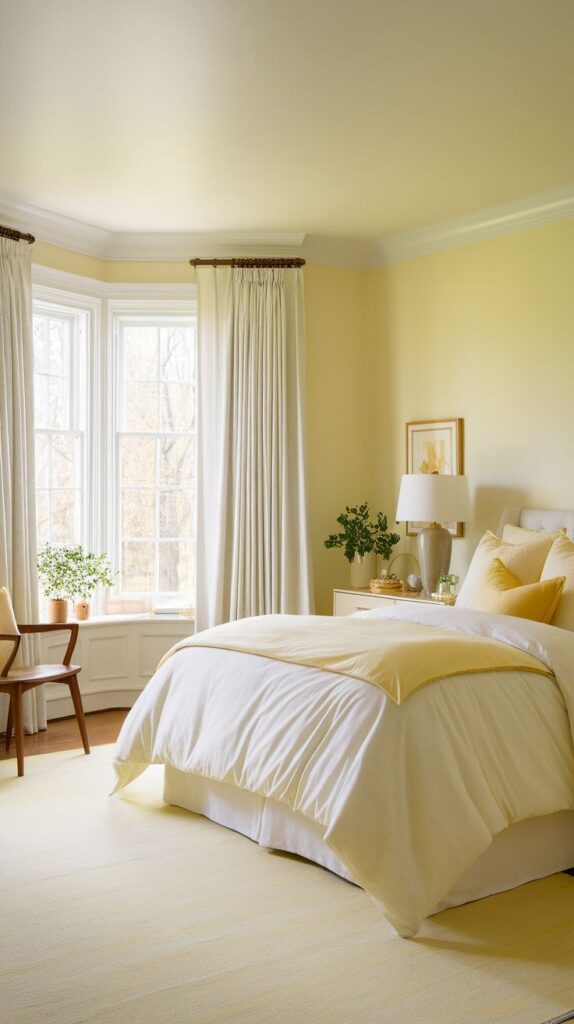 Beautiful Decor Ideas for Light Yellow Bedroom Walls - Cheri from Texas Cozy yellow bedroom with large windows, white bedding, and plants, creating a bright, serene atmosphere. | Sky Rye Design Cozy yellow bedroom with large windows, white bedding, and plants, creating a bright, serene atmosphere.