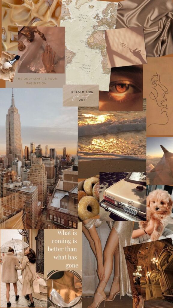 Aesthetic collage with cityscape, ocean, map, quotes, and cozy elements in warm, neutral tones; inspirational theme.