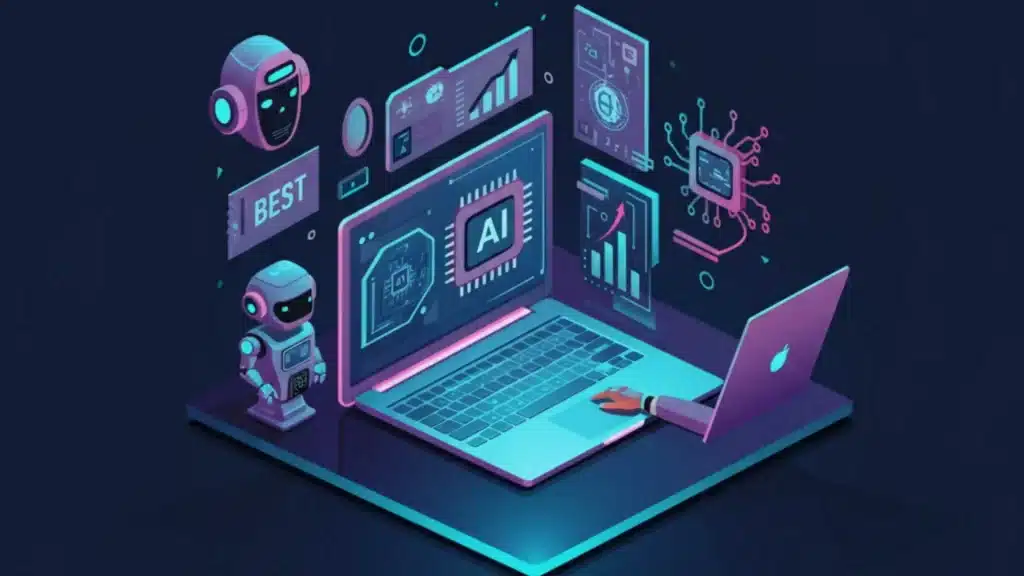 Futuristic laptop with AI graphics, robots, and data charts, showcasing advanced technology and innovation.