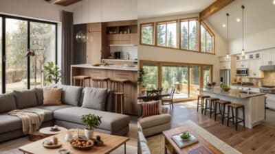 Modern living rooms with large windows, cozy seating, and stylish kitchens featuring wooden accents and contemporary decor.