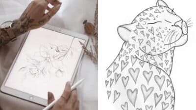 Artist sketching floral design on tablet and abstract heart-shaped leopard drawing, showcasing creativity in digital art.