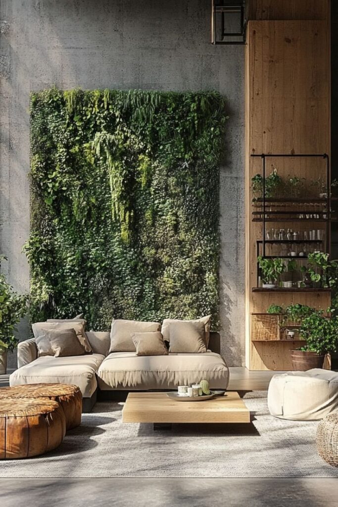 Modern living room with vertical garden, beige sofa, and wooden decor. Cozy, eco-friendly interior design.