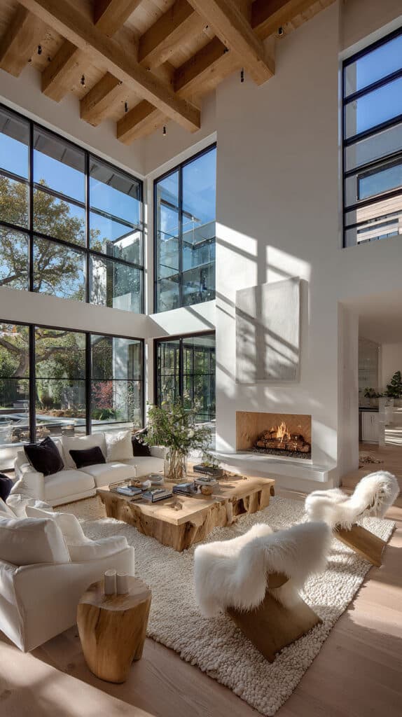 Spacious modern living room with high ceilings, large windows, cozy fireplace, and natural wood furniture.