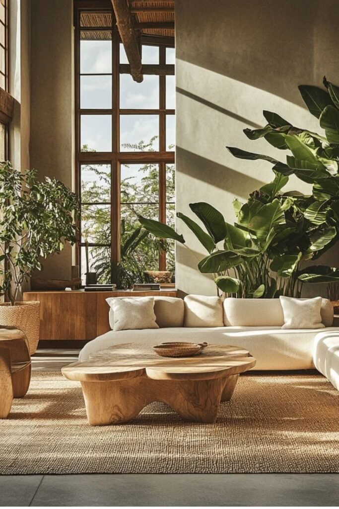 Modern living room with large windows, lush plants, beige sofa, and wooden coffee table in natural light.