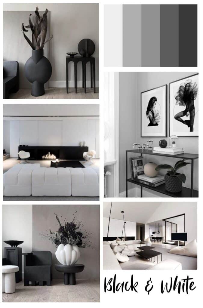 Black and white modern interior design collage featuring minimalist decor and stylish furniture.