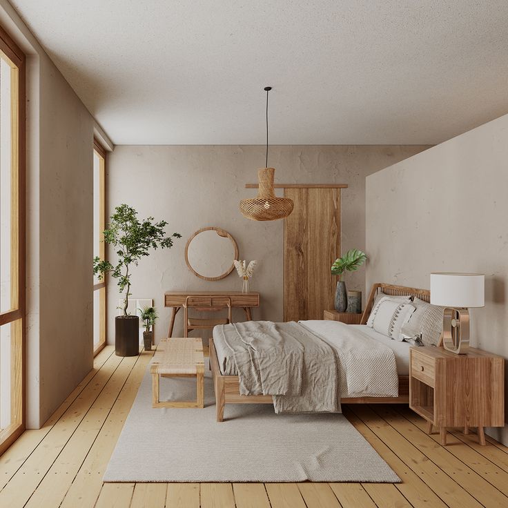 Boho Chic Style - LOBO STUDIO Minimalist bedroom with wooden furniture, neutral tones, and natural light from large windows. Scandinavian style design. | Sky Rye Design Minimalist bedroom with wooden furniture, neutral tones, and natural light from large windows. Scandinavian style design.