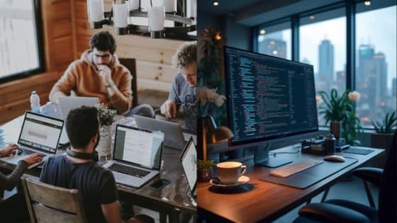 Brand Monitoring Software What Most Companies Get Wrong Team collaborating in a workspace with laptops, alongside a modern office with a large screen displaying code. | Sky Rye Design Team collaborating in a workspace with laptops, alongside a modern office with a large screen displaying code.
