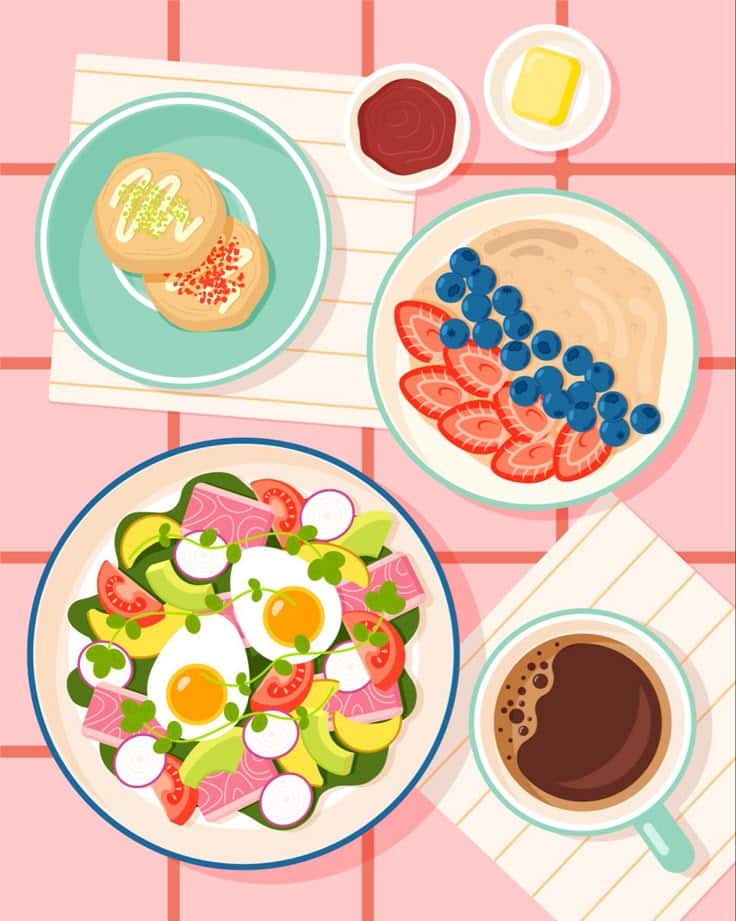 Breakfast illustration _ vector Illustrated breakfast with eggs, avocado salad, pancakes, strawberries, blueberries, coffee, butter, and sauce. | Sky Rye Design Illustrated breakfast with eggs, avocado salad, pancakes, strawberries, blueberries, coffee, butter, and sauce.