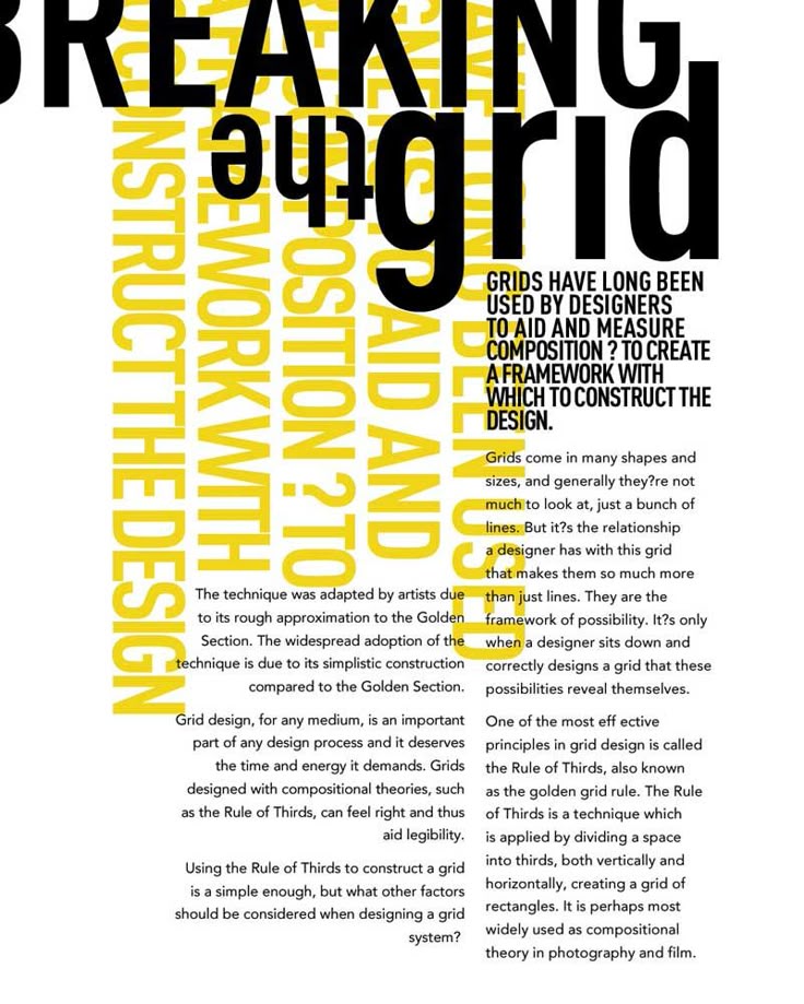 Text design focused on Breaking the Grid with details about grid use in design and composition. Yellow and black typography.