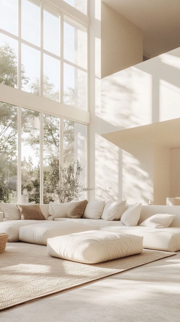 Minimalist sunlit living room with large windows, beige couches, and neutral decor.