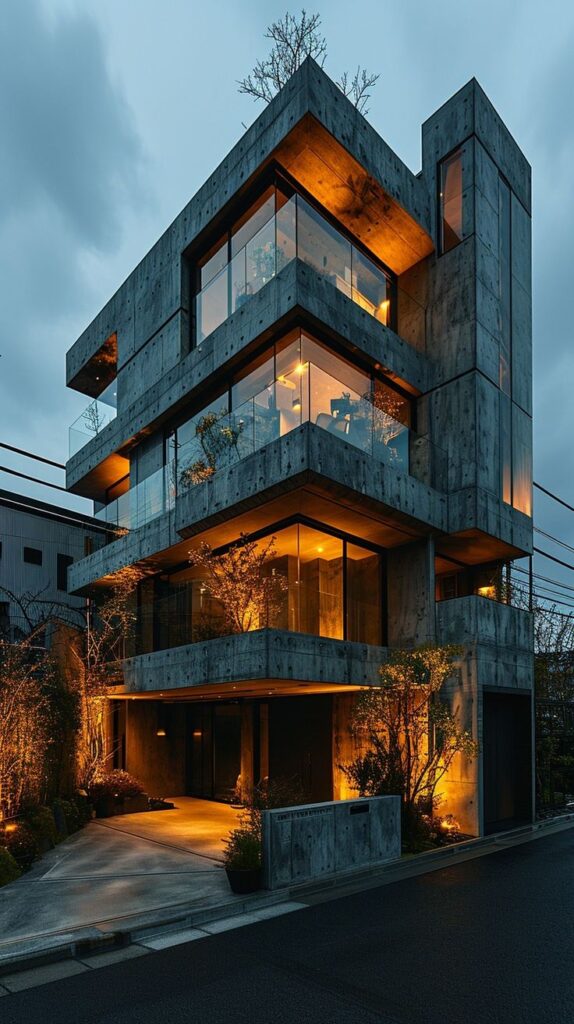 Brutal Beton Apartment_ No_ 5 Modern concrete building with large glass windows glowing warmly at dusk, surrounded by soft garden lighting and trees. | Sky Rye Design Modern concrete building with large glass windows glowing warmly at dusk, surrounded by soft garden lighting and trees.