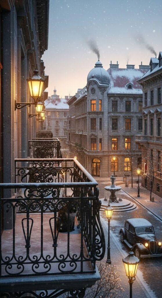 Snowy cityscape view from a balcony with vintage car, streetlights, and historic buildings at dusk.