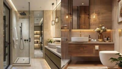 Modern bathroom design with glass shower, double sink, pendant lights, and wooden accents.