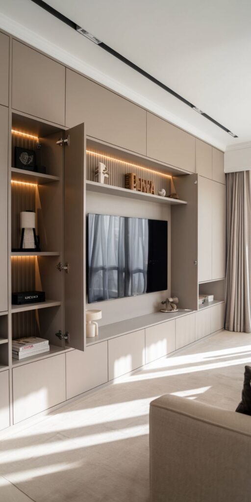 Modern living room with built-in cabinetry, TV, open shelves, and soft natural lighting.