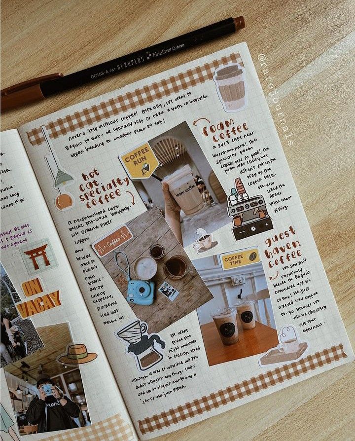 Creative coffee journal spread with photos, doodles, and handwritten notes about different coffee experiences.