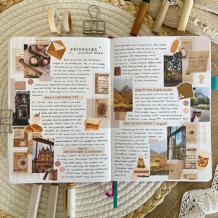 Travel journal spread with photos, stickers, and handwritten notes about an Edinburgh trip on a woven mat background.