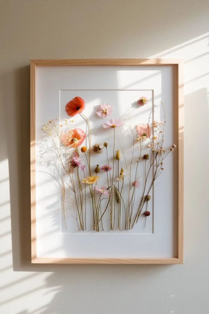 Bursting with Beauty_ 12 Vibrant Flower Pressing Projects to Cheer Up Your Space 🌸 Framed pressed flowers art in sunlight, featuring colorful wildflowers on a neutral wall background. | Sky Rye Design Framed pressed flowers art in sunlight, featuring colorful wildflowers on a neutral wall background.