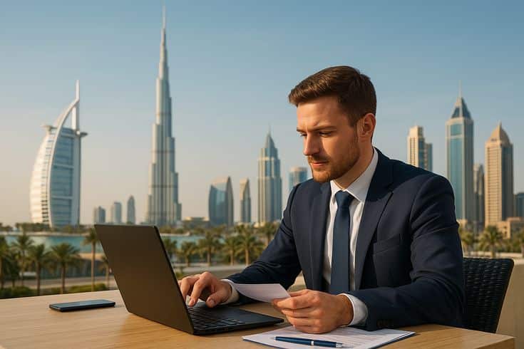 Businessman working on laptop with Dubai skyline in the background, including the Burj Khalifa and iconic skyscrapers.