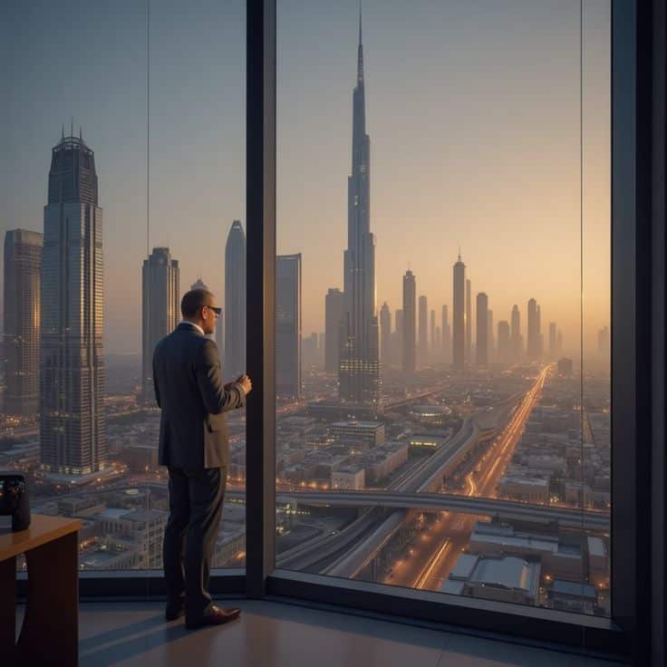 Man in suit overlooks Dubai skyline from office window at sunset.