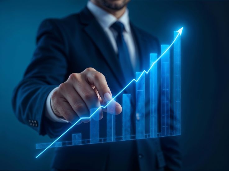Businessman touching virtual rising graph, symbolizing growth and success in business strategy on a blue background.