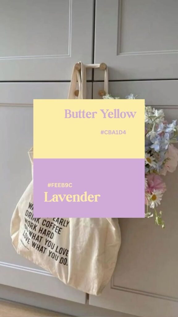 Butter Yellow Lavender 💜💛 Canvas bag on cupboard with floral bouquet. Color swatches: Butter Yellow #CBA1D4, Lavender #FEEB9C. | Sky Rye Design Canvas bag on cupboard with floral bouquet. Color swatches: Butter Yellow #CBA1D4, Lavender #FEEB9C.